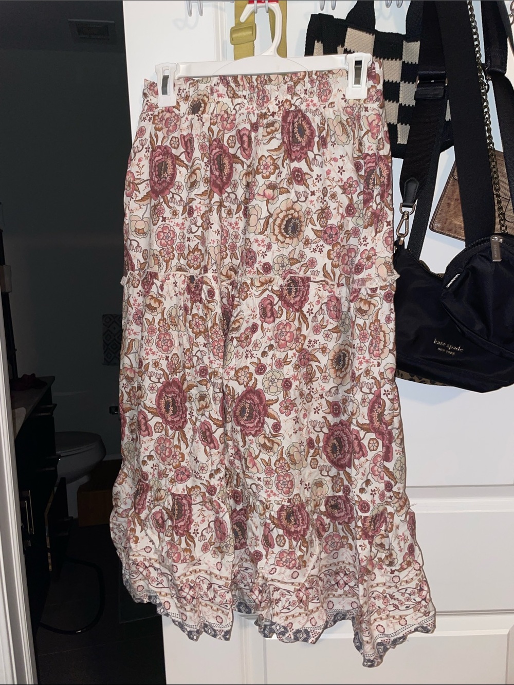 Floral Tiered Midi Skirt in Cream and Pink
